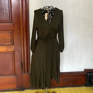 Olive green long sleeved cotton wrap dress.